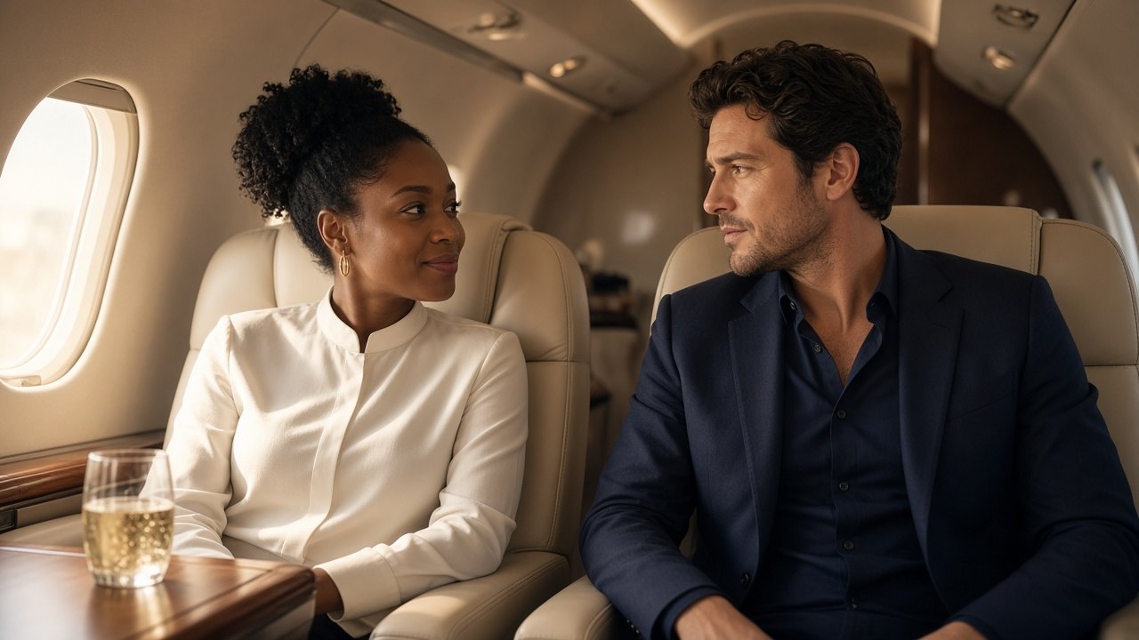 Two well-dressed passengers talking in the leather seats of a private aircraft, a glass of champagne on the table.