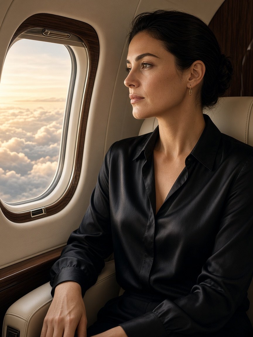 A woman in a black silk blouse looking out a private aircraft window above the clouds at sunset.